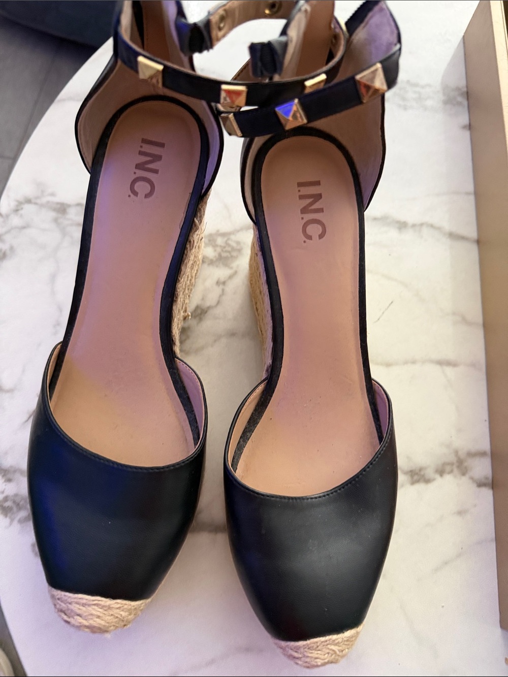 INC International Concepts Black Espadrille Wedges with Gold Studs